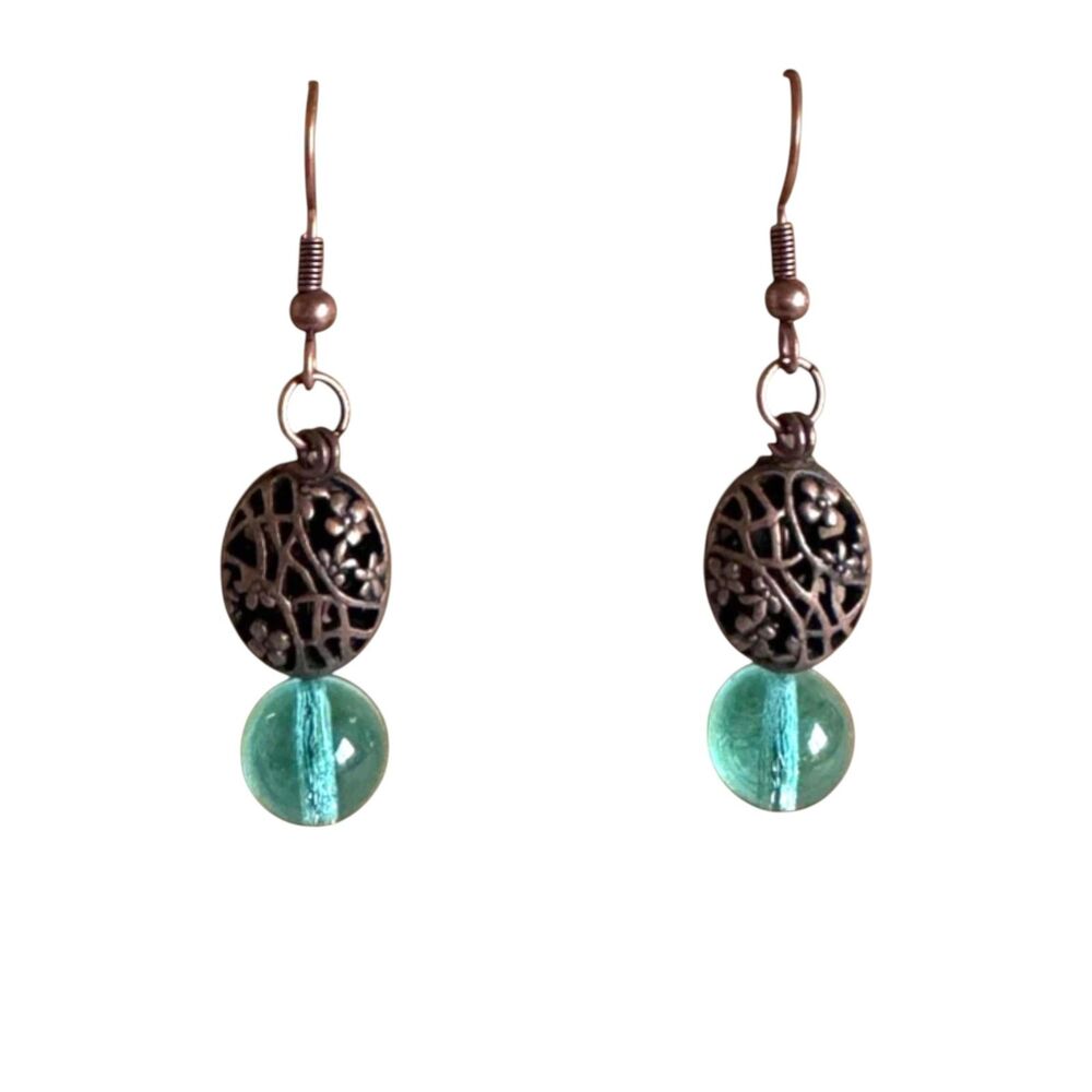 Aquamarine Glass and Filigree Copper Earrings Item #320